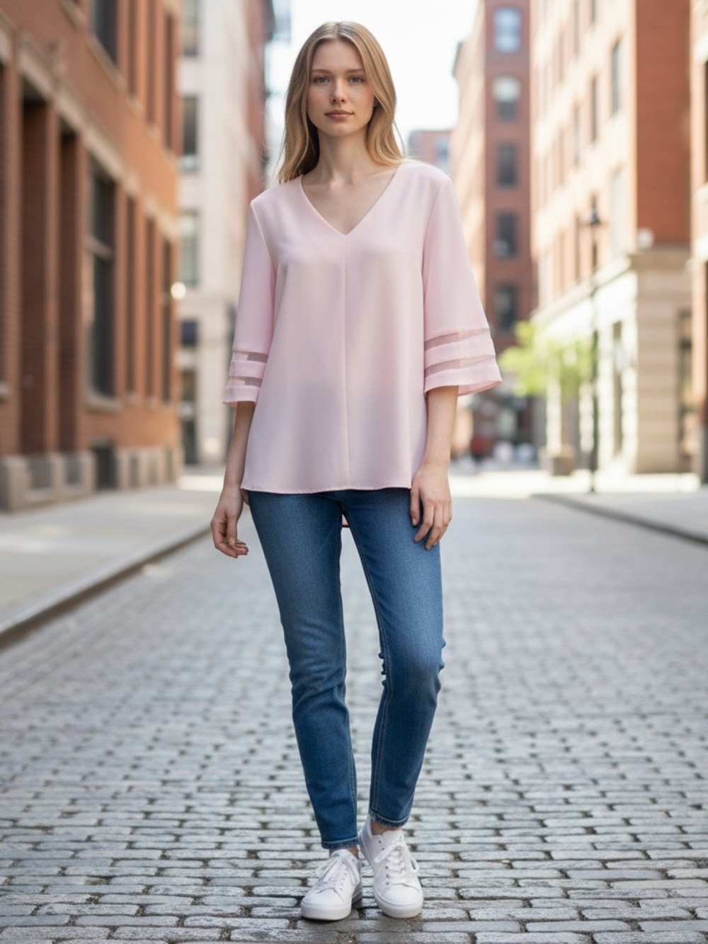 Blush Pink V Neck Blouse Sheer Bell Sleeve Top 2X